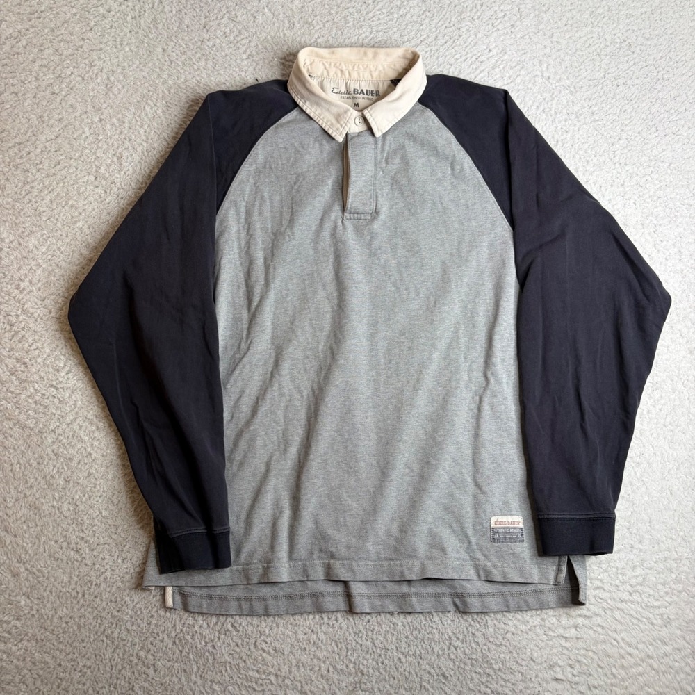 Y2K Eddie Bauer Mens Rugby Shirt M Grey Navy Blue Long Sleeve Cotton Raglan